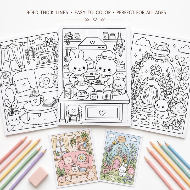 May include: A collection of coloring books with whimsical illustrations, including scenes of a kitchen with animal chefs, a living room, and a fairy house. The text "BOLD THICK LINES &bull; EASY TO COLOR &bull; PERFECT FOR ALL AGES" is displayed at the top. Colored pencils and an eraser are also present.