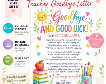 Editable End of Year Letter for Students, Goodbye Printable, Teacher to Student Farewell Letter, Canva Template, Last Day of School Gift