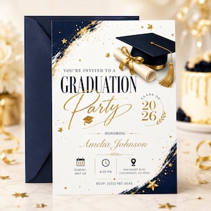 May include: A graduation party invitation card featuring a navy blue and gold colour scheme. The design includes a navy mortarboard cap, a rolled diploma with a gold ribbon, and gold stars. Text includes YOU'RE INVITED TO A GRADUATION PARTY, 2026, and Amelia Johnson.