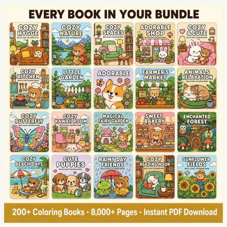 See what is inside this 10000 plus bold and easy coloring pages bundle — kawaii animal coloring pages, cozy cottagecore scenes, cute food coloring pages, floral mandala pages, geometric coloring designs, seasonal holiday pages, and kawaii character illustrations. Every page features thick bold clean outlines designed for stress-free coloring for adults, beginners, kids, and seniors. Instant PDF download, print at home or color digitally