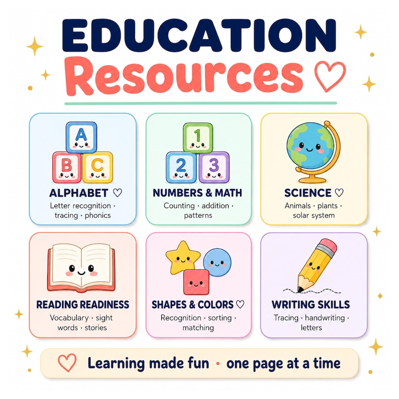 Educational printable resources for kids covering alphabet letter recognition phonics numbers counting addition math patterns science animals plants solar system reading readiness vocabulary sight words shapes color recognition writing tracing handwriting skills homeschool curriculum preschool kindergarten grade 1 2 3 teacher classroom activity sheets PDF instant download learning made fun