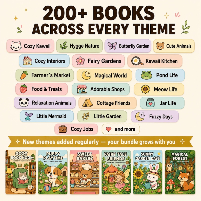 May include: An image showcasing a collection of coloring books with various themes, including Cozy Kawaii, Fairy Gardens, and Magical World. The text reads "200+ BOOKS ACROSS EVERY THEME" and "New themes added regularly - your bundle grows with you."