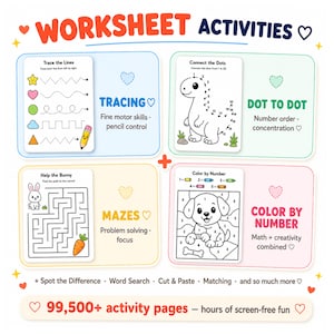 Printable kids activity worksheets including dot to dot number order concentration mazes problem solving tracing fine motor skills pencil control color by number math creativity spot the difference visual perception word search vocabulary cut and paste crafts matching games homeschool activities screen free fun educational PDF instant download print at home toddler preschool kindergarten