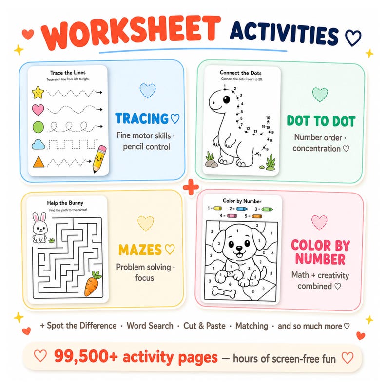 Printable kids activity worksheets including dot to dot number order concentration mazes problem solving tracing fine motor skills pencil control color by number math creativity spot the difference visual perception word search vocabulary cut and paste crafts matching games homeschool activities screen free fun educational PDF instant download print at home toddler preschool kindergarten