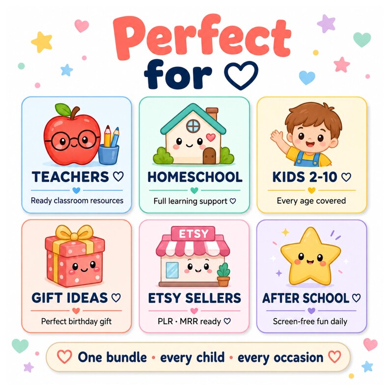 Printable kids educational coloring bundle perfect for classroom teachers looking for ready to print curriculum resources homeschool parents needing full subject coverage toddlers preschool kindergarten children ages 2 to 10 creative birthday gift ideas for kids screen free daily activities Etsy digital sellers using PLR MRR rights after school learning fun