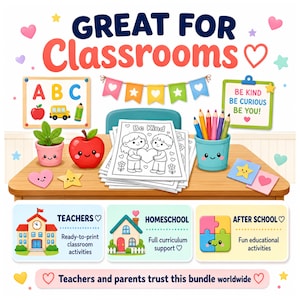 Printable classroom activities and homeschool curriculum resources for teachers and parents including ready to print kids coloring worksheets educational activity sheets covering all subjects alphabet math science nature seasons holidays all grade levels preschool kindergarten grades 1 through 5 instant PDF download print unlimited copies for your students children family