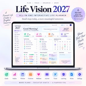 May include: A laptop screen displaying the Life Vision 2027 all-in-one interactive life planner dashboard. The interface features sections for goals, habits, tasks, vision progress, top priorities, a monthly calendar, life areas, and quick notes.