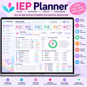 Puede incluir: Un panel de control digital IEP Planner en la pantalla de una computadora portátil, con secciones para gestión de estudiantes, seguimiento de objetivos, horarios de terapia y resúmenes de progreso con gráficos coloridos, iconos y etiquetas de texto.