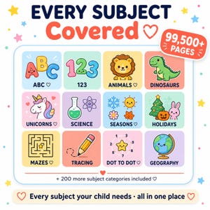 Kids printable educational coloring pages covering every subject alphabet ABC phonics numbers counting math animals wildlife dinosaurs science solar system seasons weather holidays Christmas Halloween Easter geography countries flags mazes dot to dot tracing handwriting color by number spot the difference word search cut paste crafts matching activities 99500 pages PDF download