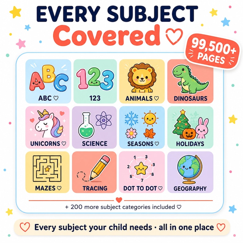 Kids printable educational coloring pages covering every subject alphabet ABC phonics numbers counting math animals wildlife dinosaurs science solar system seasons weather holidays Christmas Halloween Easter geography countries flags mazes dot to dot tracing handwriting color by number spot the difference word search cut paste crafts matching activities 99500 pages PDF download
