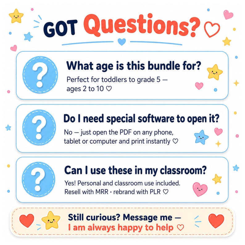 Frequently asked questions about kids printable coloring pages educational bundle PDF digital download suitable for ages 2 to 10 toddlers preschool kindergarten grades 1 through 5 no special software needed open on any phone tablet or computer and print instantly classroom and homeschool use included PLR MRR rights explained print unlimited personal copies forever
