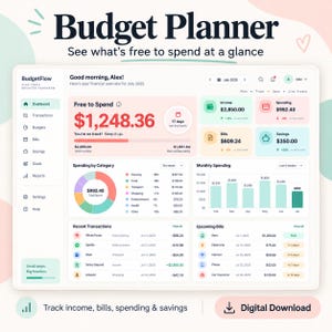Könnte beinhalten: Eine digitale BudgetFlow-Budgetplaner-Oberfläche, die ein Dashboard mit Finanzdaten für Juli 2025 anzeigt. Der Bildschirm zeigt einen verfügbaren Betrag von 1.248,36 $, Einnahmen, Ausgaben, Rechnungen, Ersparnisse, ein Tortendiagramm und aktuelle Transaktionen.