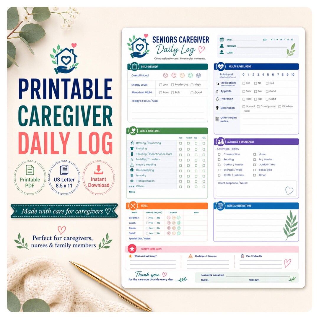 Seniors Caregiver Daily Log Printable, Elderly Care Tracker, Home Care ...