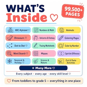 Kids printable coloring bundle complete category list including alphabet ABC letters numbers math animals dinosaurs unicorns fantasy mazes dot to dot tracing handwriting worksheets color by number spot the difference word search cut and paste seasonal holiday Christmas Halloween Easter science nature geography shapes homeschool curriculum teacher resources PDF instant download