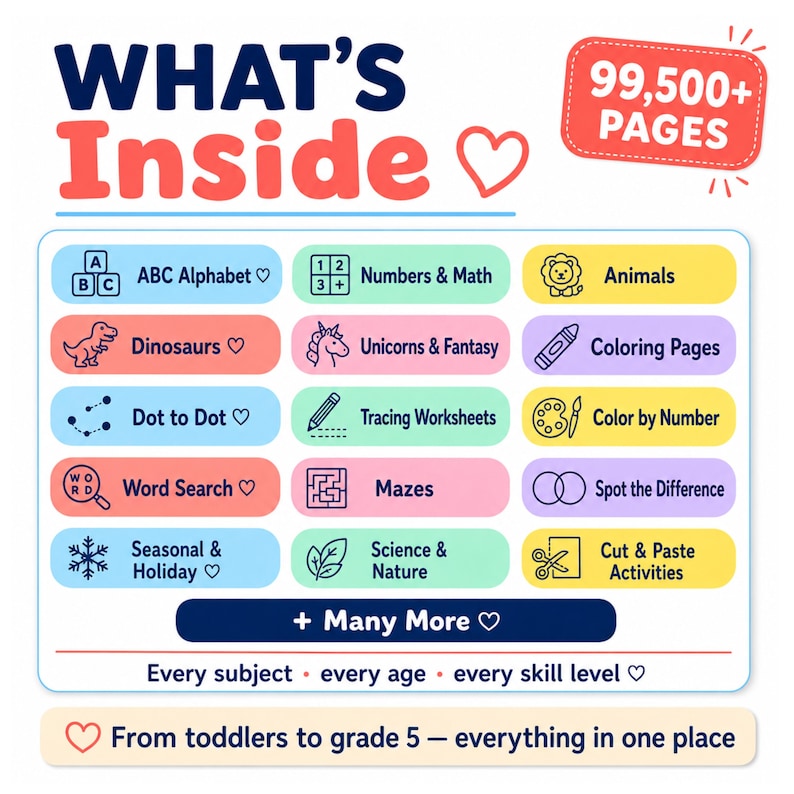 Kids printable coloring bundle complete category list including alphabet ABC letters numbers math animals dinosaurs unicorns fantasy mazes dot to dot tracing handwriting worksheets color by number spot the difference word search cut and paste seasonal holiday Christmas Halloween Easter science nature geography shapes homeschool curriculum teacher resources PDF instant download