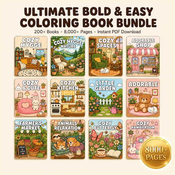 8,000+ Bold and Easy Coloring Pages Bundle | Kawaii Cozy Coloring Book PDF | Printable Coloring Pages Adults Kids | Instant Digital Download