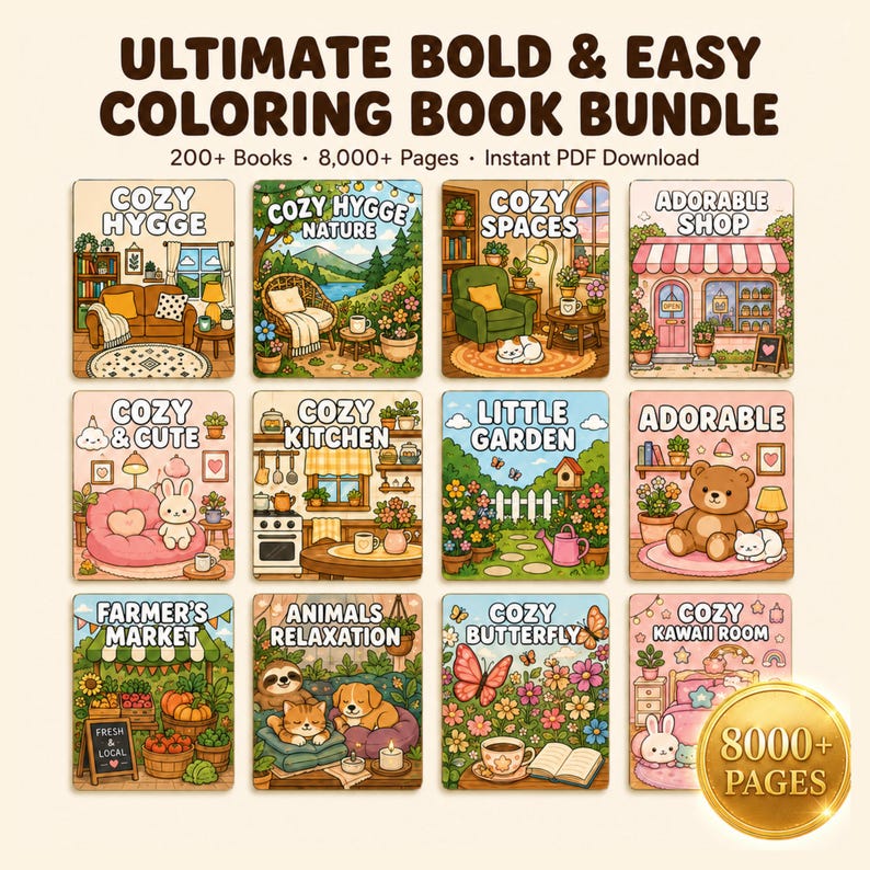 Download this 10000 plus bold and easy coloring pages bundle — the biggest kawaii cozy coloring book PDF on Etsy. Includes printable coloring pages for adults, kids, teens, and seniors featuring kawaii animals, cozy cottagecore scenes, cute food illustrations, floral mandalas, and geometric designs. Instant digital download in high resolution PDF format. Print at home on any printer or color digitally on iPad, Procreate, or GoodNotes