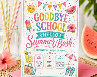 Goodbye School Hello Summer Bash Invitation, Last Day of School Party Invite, Editable Canva Template, 5x7 Summer Party Invitation
