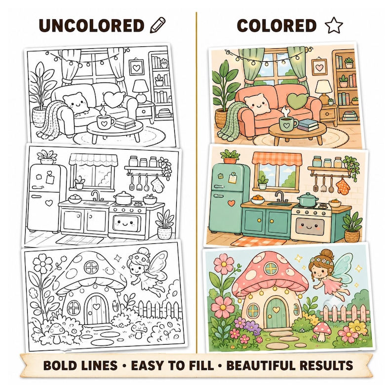 Adults searching for printable stress relief coloring pages will find their perfect escape in this 10000 plus bold and easy cozy kawaii coloring bundle. Thick bold lines eliminate eye strain and frustration. Simple cozy designs promote mindfulness, anxiety reduction, and screen-free relaxation. Print at home in minutes and enjoy your daily coloring practice. High resolution printable PDF instant download, compatible with home printers and iPad digital coloring