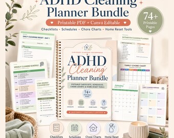 ADHD Cleaning Planner Bundle, ADHD Cleaning Checklist Printable, Editable Chore Chart, Deep Clean Schedule, House Cleaning Planner, Canva