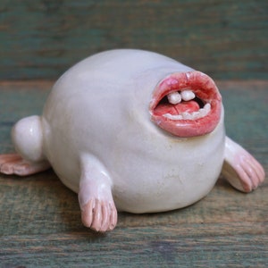 Ceramic Sculpture Art, Human Face Weird Sculpture, Mouth Figurine, Ceramic Animal Pink