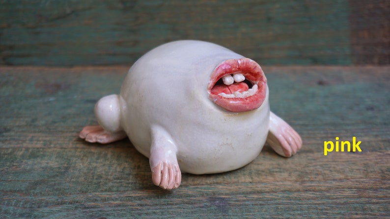 Ceramic Sculpture Art, Human Face Weird Sculpture, Mouth Figurine, Ceramic Animal Pink