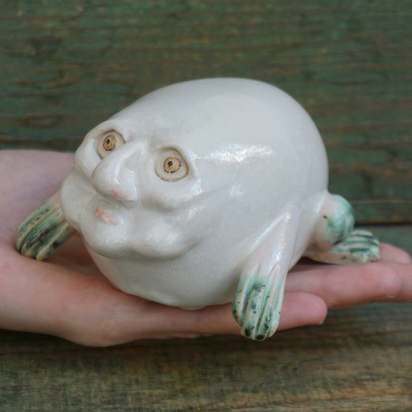 Ceramic Frog Figurine, Ceramic Sculpture Art, Human Face, Cute Frog Statue, Ceramic Animal