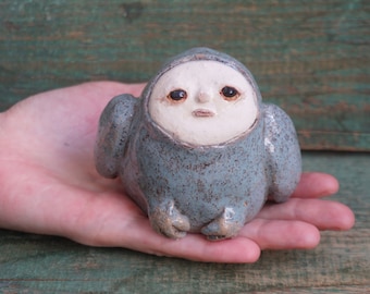 Ceramic Sculpture Art, Human Face Weird Sculpture, Bird Figurine, Ceramic Animal