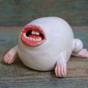 Ceramic Sculpture Art, Human Face Weird Sculpture, Mouth Figurine, Ceramic Animal image 6