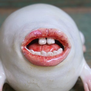 Ceramic Sculpture Art, Human Face Weird Sculpture, Mouth Figurine, Ceramic Animal image 2