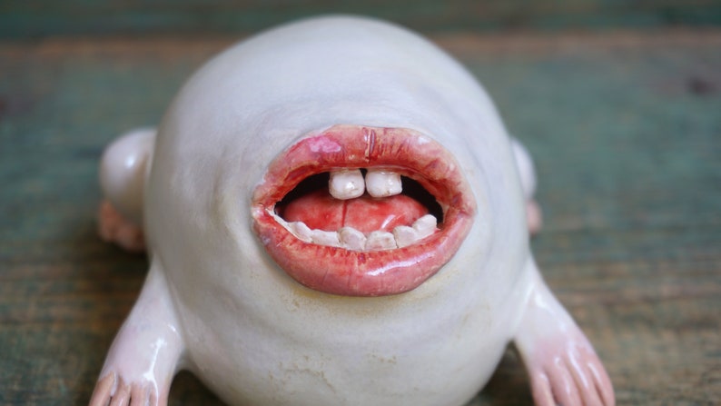Ceramic Sculpture Art, Human Face Weird Sculpture, Mouth Figurine, Ceramic Animal image 2