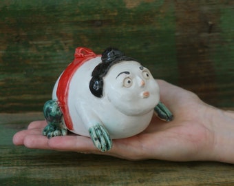 Ceramic Frog Figurine, Ceramic Sculpture Art, Human Face, Sumo Figurine, Cute Frog Statue
