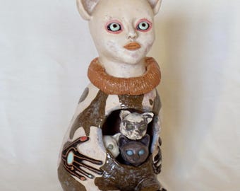 Handmade Ceramic Cat Sculpture – OOAK Surreal Clay Art Doll, Fantasy Figurine, Whimsical Collectible