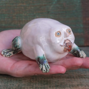 Ceramic Frog Figurine, Ceramic Sculpture Art, Human Face, Cute Frog Statue, Ceramic Animal