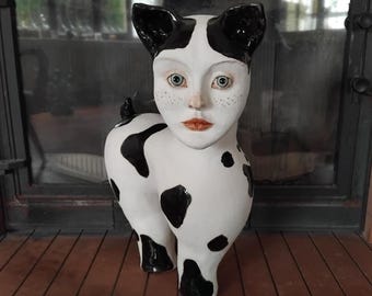Ceramic Human Face Sculpture, Cow Print Art Object, Contemporary Clay Art
