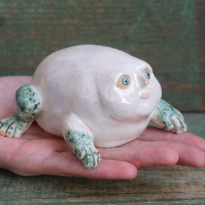 Handmade Ceramic Frog Figurine: Human Face Sculpture Art
