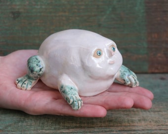 Ceramic Frog Figurine, Ceramic Sculpture Art, Human Face, Cute Frog Statue, Ceramic Animal