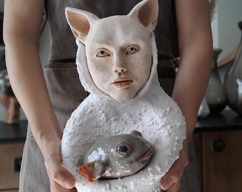 Ceramic Human Face Sculpture, Contemporary Art Object, White Textured Clay Fish Form