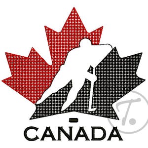 Op de afbeelding: Een gestileerd logo met een witte ijshockeyspeler in een esdoornblad, verdeeld in rode en zwarte secties met een kruispatroon. Het woord 'CANADA' staat eronder in zwarte letters.