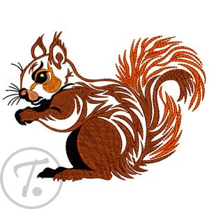 May include: Embroidered squirrel design in shades of brown, orange, black, and white. The squirrel is depicted in a side profile, with a fluffy tail and detailed fur. The design is likely for embroidery projects, apparel, or home decor.