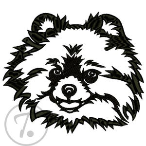 May include: Black and white embroidered Pomeranian dog face design. The design features a detailed outline of the dog's head, with a fluffy appearance. The dog's eyes, nose, and mouth are clearly defined, creating a friendly expression. The design is suitable for various craft projects.