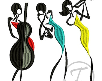 Musician Embroidery Design: Female Musicians in 3 Sizes, Pattern (Digital Download)