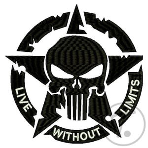 Disegno da ricamo con teschio di motocicletta: Vivi senza limiti, 4 misure (schema digitale)