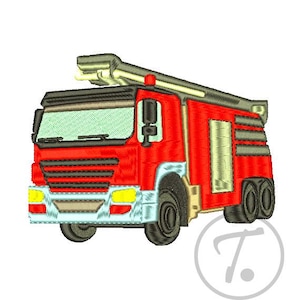 Kinderstickerei. Motiv Feuerwehrauto in 4 Größen. Kinderspielzeug Design. Stickerei von Kinderspielzeug Feuerwehrauto. Für Stoffe. Maschinenstickmuster