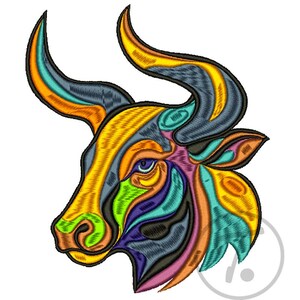 May include: An embroidered patch featuring a stylized bull head in profile. The design uses vibrant, multi-colored thread segments in yellow, orange, teal, purple, and lime green, all outlined in thick black stitching against a white background.