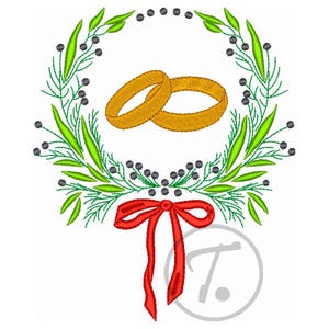 May include: An embroidered design featuring two gold wedding rings within a green and black leaf wreath, accented with a red bow. The design is on a white background, suitable for wedding-themed crafts.