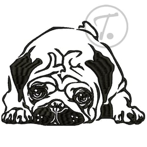 Mops Hund Stickdatei: Haustier Porträt (3 Größen) (Digitales Muster)