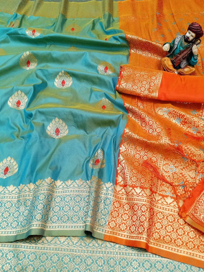 blue saree saree for women,indian saree,saree dress,wedding saree,designer saree Banarasi weaving lichi silk Saree and blouse for women