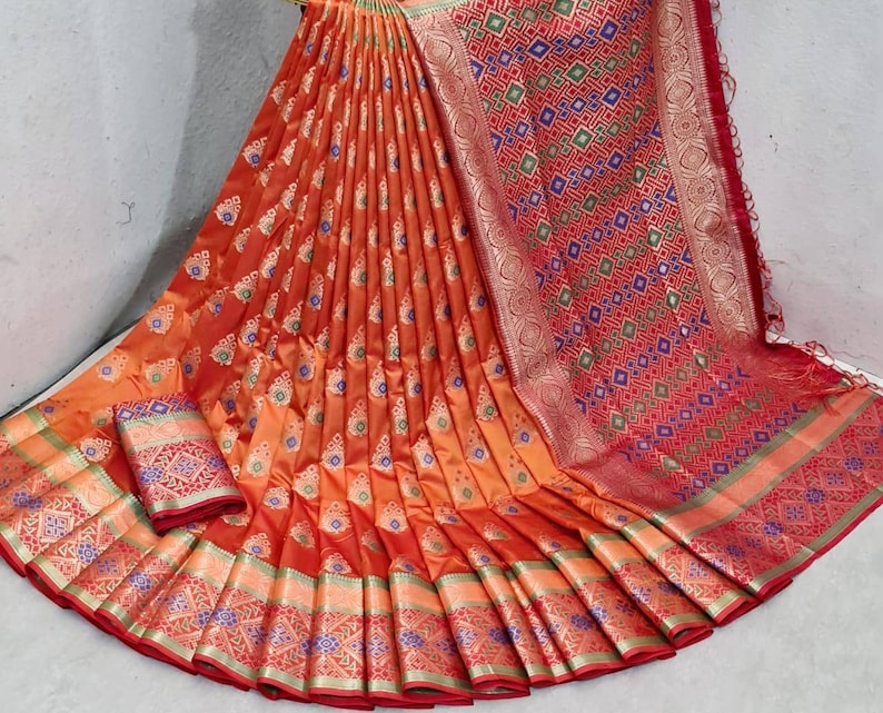 Pure silk weaving Jequard Saree and blouse for women,saree for women,saree dress,Indian saree,wedding saree,traditional saree orange saree