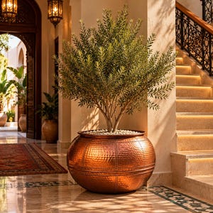 Vaso grande de cobre martelado feito à mão – Vaso de jardim artesanal marroquino para decoração de interiores e exteriores